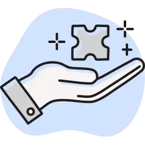 Icono de mano blanca sosteniendo pieza de rompecabezas con signos de más alrededor.